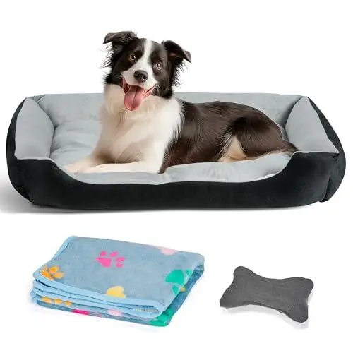 Produktbild: Hundebett Mittelgroße Hunde, mit erhöhte Ränder und abwaschbar Hundebetten, Hundematratze mit rutschfestem Boden, Hundematte für große mittelgroße Hunde-80×60×15cm (Grau)
