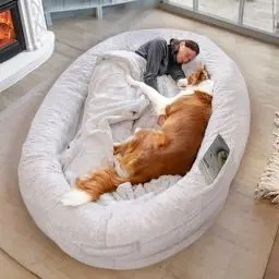Produktbild: Hundebett für Menschen & Hunde | Riesiges Human Dog Bed für Menschen | Bequemes Hundebett für Menschen & Haustiere in Menschengröße für Erwachsene | Decke Inklusive & Abnehmbarer Bezug | Hellgrau