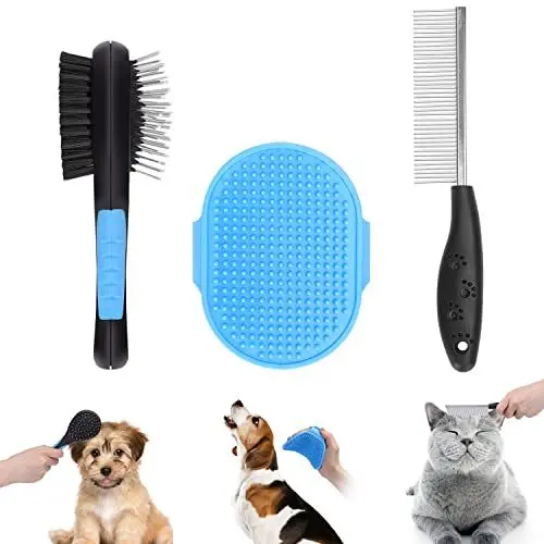 Produktbild: Nobleza 2-in-1 Hundebürste und Katzenbürste, 3er Set, Professionelle Tierhaarbürste mit Naturborsten und Rundkopf-Stahlnadel, Ideal für lang- und kurzhaarige Haustiere, Blau & Schwarz
