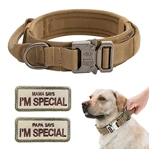 Produktbild: Hundehalsband Verstellbar mit Kontrollgriff, Taktisch Halsband Nylon, Hunde Halsband Gepolstert, Metallschnalle, für Mittlere Große Hunde Jagd Training Outdoor, Braun XL
