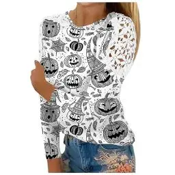 Produktbild: Hundekostüm Halloween Oberteile Mädchen Schule Langes Longsleeve Pullover Tailliert Patchwork Dünner Herbs Pullover Women Hexe Lässige Luftige Rundhals Grau