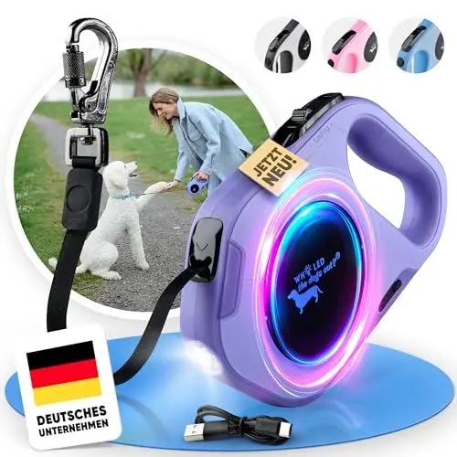 Produktbild: Hundeleine für große & kleine Hunde (Laufleine mit LED) - Leichtgewichtige 5m Lange verstellbare Leine ideal für Spaziergänge und Training - Dog Leash, Rollleine, Langlaufleine mittlere Hunde