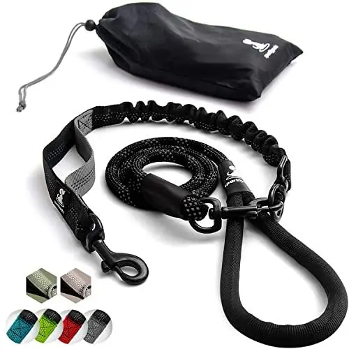 Produktbild: Hundeleine mit Bungee Verlängerung für Große und Mittelgroße Hunde mit Ruckdämpfer | Reflektierende Elastische Hundeleine zum Spazierengehen (Schwarz, Für 1 Hund)