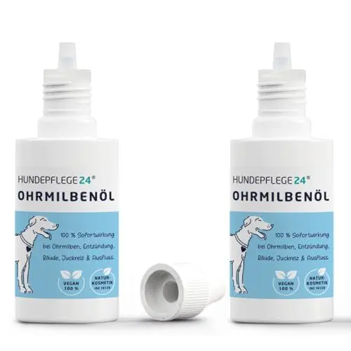 Produktbild: HUNDEPFLEGE24 Ohrmilbenöl für Hunde & Katzen - 100% natürliche, wirksame Sofortwirkung bei Ohrmilben, Entzündung, Ohrräude, Juckreiz & Ausfluss - Ohrentropfen für Hunde gegen Milben 2 x 50ml
