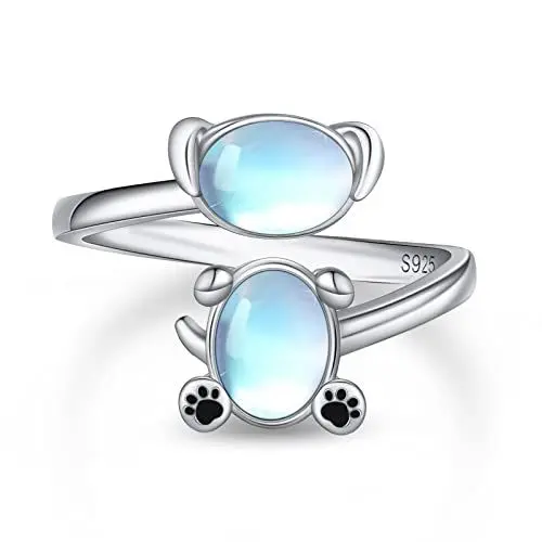 Produktbild: Hundering 925 Sterling Silber Verstellbarer Offener Ring Synthetischer Mondstein Ring Süßes Tier Hund Schmuck Geschenk für Mädchen Damen