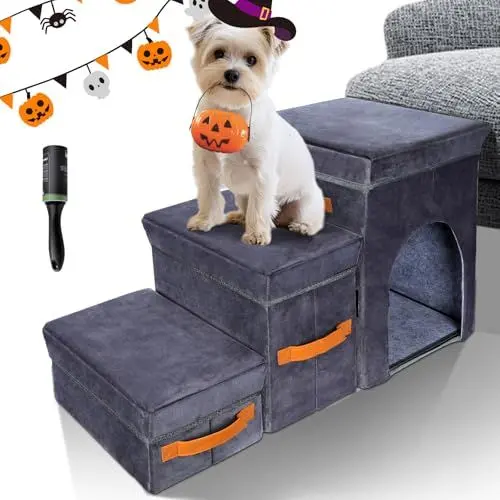 Produktbild: Hundetreppe für Kleine Hunde,Masthome Haustiertreppe 3 Stufen mit Aufbewahrungsbox,Hundetreppe aus Hochdichtem Schwamm,Hunde Treppe mit Waschbarem Bezug und Rutschfestem Boden,für Bett,Sofa,Couch
