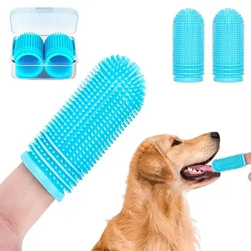 Produktbild: Hundezahnbürste Silikon Zahnbürste 2 Stück Fingerlinge Zahnpflege, mit Aufbewahrungsbox,Fingerzahnbürste Hundezahnbürste für Kleine,Mittlere und GroßE Hunde(Blau)