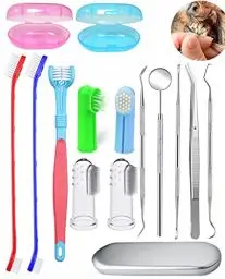 Produktbild: Hundezahnbürsten-Set, Haustier-Zahnbürsten-Set, Silikon-Fingerzahnbürste, langer Griff, Doppelköpfige Zahnbürste, Metallwerkzeug enthalten, professionelles Zahnreinigungs-Set für Haustiere (15 Stück)