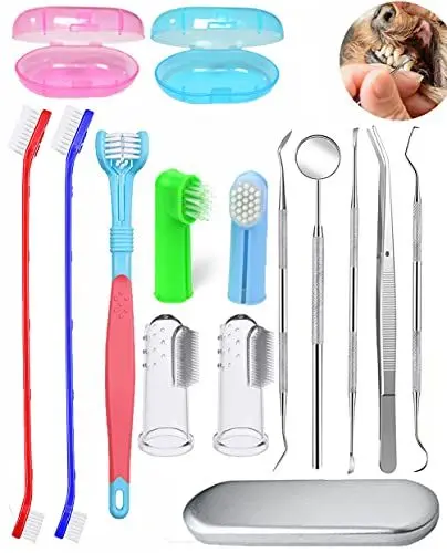 Produktbild: Hundezahnbürsten-Set, Haustier-Zahnbürsten-Set, Silikon-Fingerzahnbürste, langer Griff, Doppelköpfige Zahnbürste, Metallwerkzeug enthalten, professionelles Zahnreinigungs-Set für Haustiere (15 Stück)