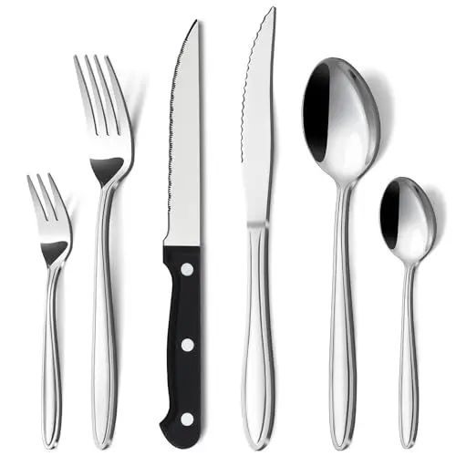 Produktbild: Hunnycook Besteck Set 36-teiliges mit Steakmesser, Premium Edelstahl Besteck Set 6 Personen, Elegantes Besteckset mit Messer Gabel Löffel für Haus/Restaurant/Party, Spülmaschinenfest