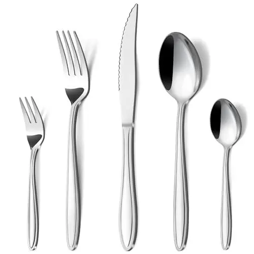 Produktbild: Hunnycook Besteck Set 6 Personen, 30-teiliges Edelstahl Essbesteck mit Liniengriff, Elegantes Besteckset mit Messer Gabel Löffel für Haus/Restaurant/Party, Spülmaschinenfest