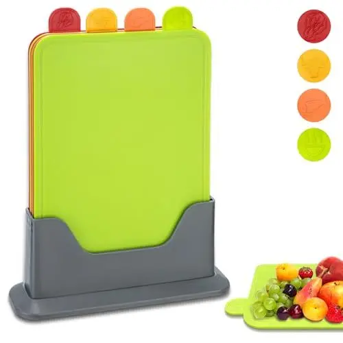 Produktbild: Hunnycook Schneidebrett Farbig 4er Set, (28×20×0,3cm) Schneidebrett Kunststoff für Küchen, langlebig, kratzfest, Anti-Rutsch-und Spülmaschinenfest, Schneidebrett Set mit Lagerung Stand