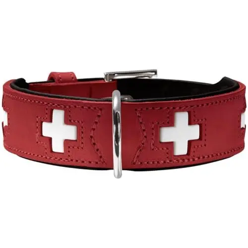 Produktbild: HUNTER Hundehalsband SWISS, Farbe: rot/schwarz, weiches Rindnappaleder, handvernähte Schweizer Kreuze, langlebig und komfortabel, hochwertige Handarbeit, Made in Germany, Größe: XL (75)