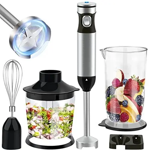 Produktbild: Huntertall Stabmixer 4-in-1 set (Zerkleinerer, Rührbecher, Mixer- & Schneebesenaufsatz), BPA-freies & spülmaschinenfestes Zubehör, Pürierstab f. Smoothie, Suppen, Joghurt, Saucen, Babynahrung