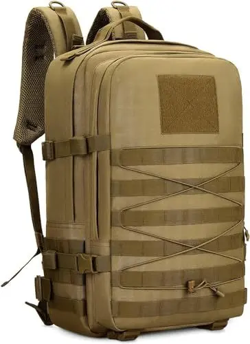 Produktbild: HUNTVP Militär Rucksack 40L Wanderrucksack Bundeswehr Taktisch Molle Miltec Tactical Backpack Wasserdicht für Herren Damen Outdoor Wandern Camping, 40L-Braun-1