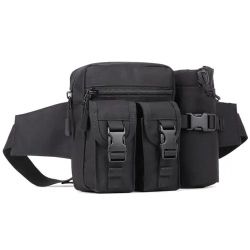 Produktbild: Huntvp Taktisch Hüfttasche mit Flaschenhalter Militärisch Bauchtasche Wasserdicht Gürteltasche MOLLE Wasserflasche Halter Multifunktional für Damen Herren Wandern Laufen Camping Trekking, Schwarz