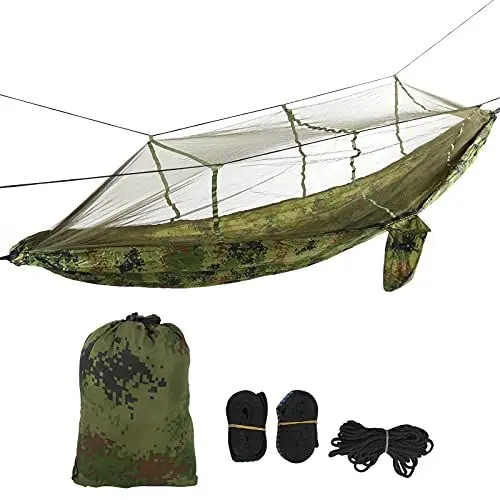 Produktbild: HUONIU Hängematte mit Moskitonetz, doppelt und einzeln, Leichter Camping-Fallschirmstoff (Einfarbiges, militärgrünes Tarnnetz)