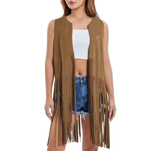 Produktbild: HUOQI Damen Quaste Ärmellos Western Cowboy Punk Cardigan Jacke Lederjacke 70er Hippie Kostüm Strickjacken Männer Reißverschluss (Khaki, XXXL)