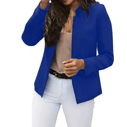 Produktbild: HUOQI Minimalistische, langärmlige Anzugjacke mit Stehkragen und schmaler Passform für Damen Pullover Damen Schwarz (Blue, M)