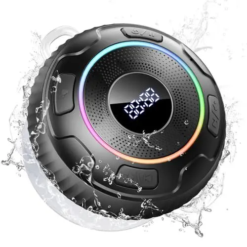 Produktbild: Hupoaf Bluetooth Lautsprecher mit LED Licht, Musikbox Bluetooth 5.3 Box mit Stereo, IP7 Wasserdicht Musikbox mit Saugnapf, Freisprechfunktion, für Outdoor/Party/Reisen