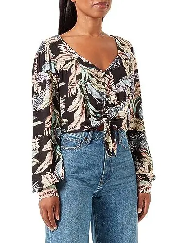 Produktbild: Hurley Damen Wispy Leaves Vorne Krawatte L/S Top Hemd, Schwarz, S