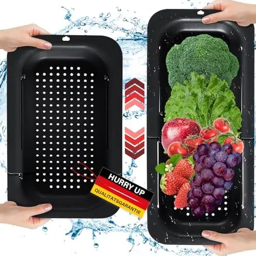 Produktbild: HURRY UP 2 Stück Abtropfsieb Spülbecken, Abtropfsieb Usziehbar(34.5-48cm), Spülbecken Sieb Multifunktional, Sieb für Waschen, Abtropfen, Auftauen Gemüse und Obst, Nudeln(Schwarz)