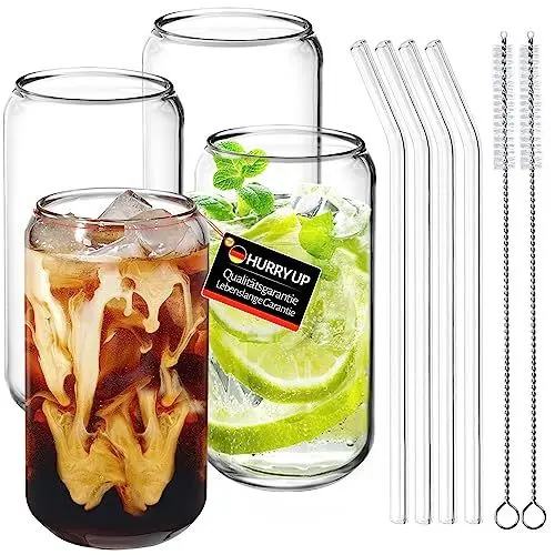 Produktbild: HURRY UP 4 Stück Gläser Dosenform, 500 ml Glas mit Strohhalm, Eiskaffee Gläser, longdrinkgläser, Iced Coffee Glas, Cocktailgläser Trinkgläser mit Strohhalm, für Bier, Smoothie,Milchshake,Geschenk