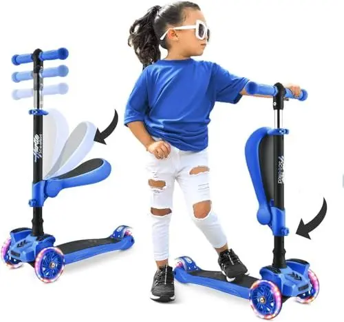 Produktbild: Hurtle 3-Rad-Roller für Kinder - 2-in-1-Kleinkinder-Roller, sitzend/stehend mit Klappsitz, höhenverstellbar, breite Brücke, Blinker, für 1-jährige Jungen/Mädchen HURFS56 (Blau)
