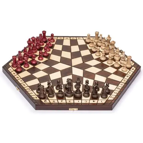 Produktbild: Husaria Holz-Schachspiel-Set für DREI Spieler – 54 Zentimeter - mit Faltbarem Brett, Handgefertigten Spielfiguren und Filzgefütterter Aufbewahrung