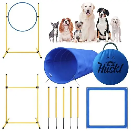Produktbild: Huskl Agility Set Hunde Klein und Groß, Hunde Training Zubehör - Hunde Tunnel, 5 Agility Stangen, Hürdenstange, Agility Ring & Pausenbox für Hunde Beschäftigung