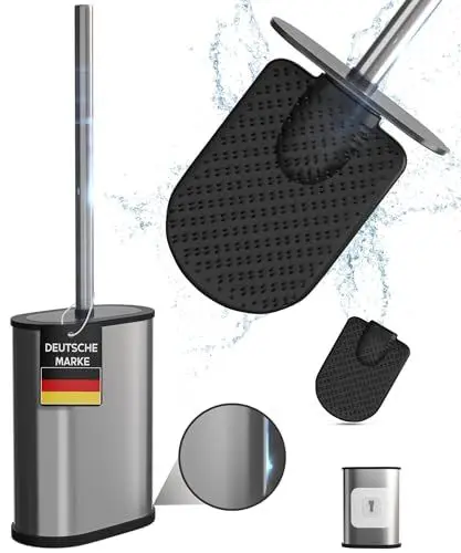Produktbild: husliv Premium Silikon Klobürste Silber - Flacher Kopf aus Silikon und rostfreier Edelstahl am Stiel und Halter für eine hygienische Reinigung im eleganten Design.