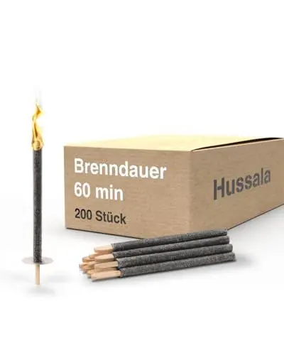 Produktbild: Hussala Diamond Wachsfackeln (200 Stück / 60 min) mit Holzstab und Tropschutz, Garten Fackeln aus Diamond-Wachs