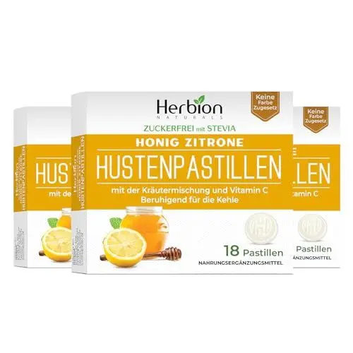 Produktbild: Hustenbonbons mit natürlichem Honig-Zitronen-Geschmack, zuckerfrei mit Stevia, Nahrungsergänzungsmittel, lindert Husten, für Erwachsene und Kinder ab 6 Jahren, 18 Lutschtabletten, 3er-Pack