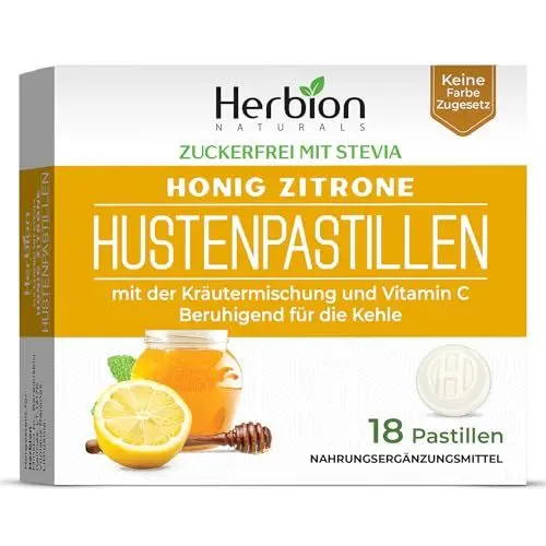 Produktbild: Hustenpastillen mit natürlichem Honig-Zitronen-Geschmack, zuckerfrei mit Stevia, Nahrungsergänzungsmittel, lindert Husten, für Erwachsene und Kinder ab 6 Jahren, 18 Lutschtabletten