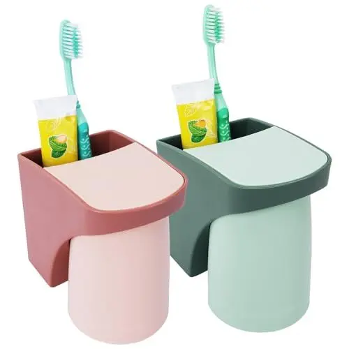 Produktbild: HUSZZM 2 Stück Zahnbürstenhalter Zahnputzbecherhalter ohne Bohren Toothbrush Holder Mit Magnetischem Becher Kinder Zahnputzbecher Wand Zahnputzbecher Kunststoff (Grün + Rosa) für Familien