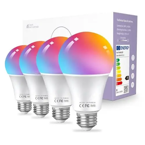 Produktbild: HUTAKUZE Alexa Glühbirnen E27 Smart LED Lampe, 9W 806LM WLAN Mehrfarbige Dimmbare Birne, App Steuern Kompatibel mit Alexa Echo, Google Home, kein Hub benötigt, Warmweiß/Kaltesweiß licht, 4 Pack