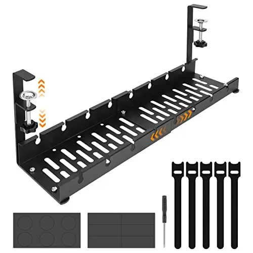 Produktbild: Hutigertech Kabelmanagement Schreibtisch Schwarz Ohne Bohren, Einziehbar 30.5-55CM Kabelkanal Schreibtisch, Verstellbarer Metall Tisch Kabelhalter Kabelwanne Schreibtisch Klemmen für Heimbüro
