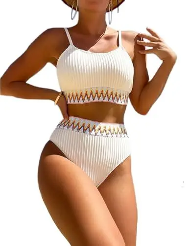 Produktbild: HUXRAKV Bikini-Sets für Damen Gepolstert Push Up Crop Top Badeanzug Zweiteiliger Hohe Taille Bedruckte Spaghetti Strap Bademode für Strand Schwimmbad Badebekleidung Beachwear Swimsuit,A-Weiß,XL