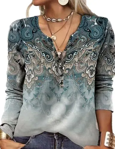 Produktbild: HUXRAKV Damen Bluse Langarmshirt Mode Digital Ethnic Print Casual T-Shirt Blusentop Oberteile Herbstshirts Winter,WD16-Blau 1,XXL