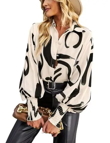 Produktbild: HUXRAKV Damen Blusen mit Button down Kragen Langarm Revers Laternenärmel Bedrucktes Blusentop Lose Oberteile Casual Hemd,WD15-Aprikose 1,M