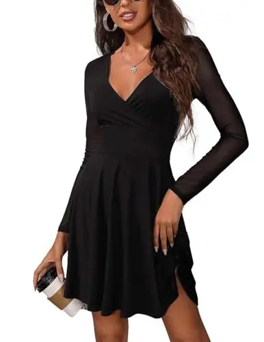 Produktbild: HUXRAKV Damen Partykleid Sexy Tief V-Ausschnitt Schlanke Mesh Spleißen Langarm Minikleid Elegantes Kleidchen Cocktailkleid,WD22-Schwarz 1,L