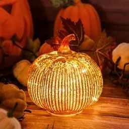 Produktbild: hvfun Herbstliche dekorative Kürbislaterne aus gestreiftem Glas, Halloween-Dekoration und Thanksgiving-Tischdekoration, batteriebetriebenes Herbstlicht für Partys und Zuhause -Gold