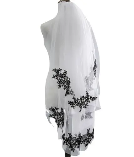 Produktbild: HWBZSZY Doppelschicht Brautschleier Hochzeit Weicher Tüll mit Kamm, Kathedrale Schwarz Spitze Blumenrand Schleier Damen Hochzeit Kopfschmuck Zubehör für Fotostudio und Party,Weiß,80cm/100cm