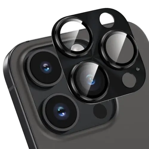 Produktbild: HWeggo für iPhone 15 Pro/iPhone 15 Pro Max Kameraschutz,9H gehärtetes Glas,Einteiliges Aluminiumlegierung Metall Kamera Schutz,HD Klar Anti-Kratzer Kamera Displayschutzfolie,Schwarz