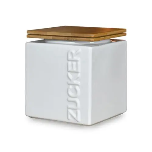 Produktbild: HWG-Home® Design Zuckerdose Luftdicht 1kg, für lange Haltbarkeit, Weiß & Anthrazit, Zuckerbehälter aus Keramik eckig platzsparend stapelbar, Zucker Aufbewahrung und Vorratsdose mit Bambus Deckel