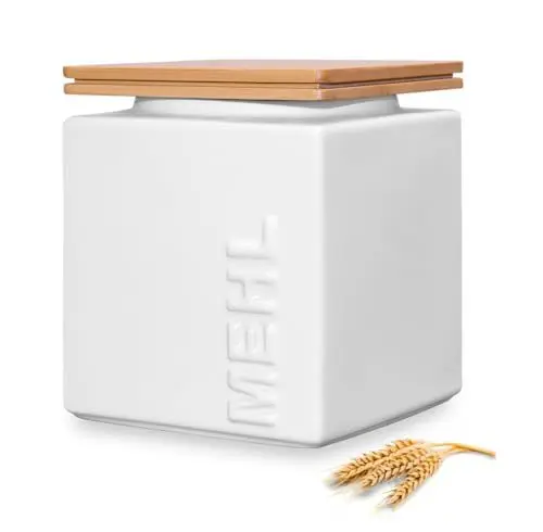 Produktbild: HWG-Home® - Mehl Aufbewahrung Luftdicht 1kg - für lange Haltbarkeit - Design Mehlbehälter und Vorratsdose aus Keramik eckig platzsparend stapelbar