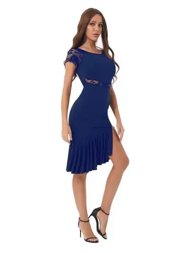 Produktbild: HWJFDC Tanzkleid Damen Damen Latin Ballroom Dance Kleid Professionelle Spitze Patchwork Seiten Split Swing Kleider Unregelmäßige Tango Chacha Dancewear(A-Royal Blue,L)