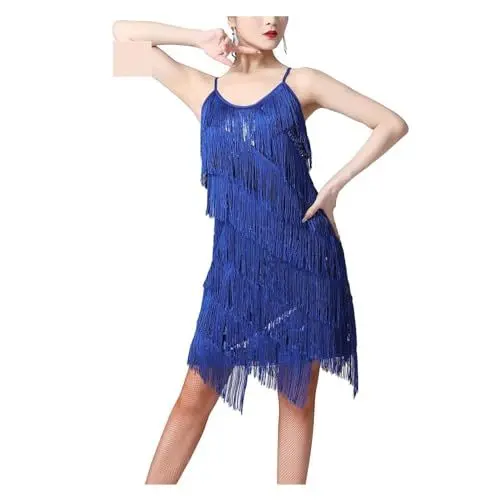 Produktbild: HWJFDC Tanzkleid Damen Damen Pailletten Fransen Flapper Lateinisches Tanzkleid Sexy 1920er Ballsaal Salsa Tango Cha Cha Rumba Samba Kleid Tanzkleidung(A-Royal Blue,S)