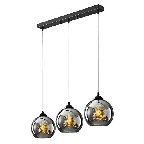 Produktbild: H.W.S Glas Pendelleuchte Kristall Pendellampe Modern Kugel Kronleuchter Design Kreative Hängeleuchte Höhenverstellbar Innen Dekoration Hängelampe Wohnzimmer Leuchte (Smoky gray, 3 flamming long)