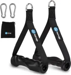 Produktbild: HXD-ERGO 2 Stück Einhandgriff für Widerstandsbänder, Fitnessband Griffe mit Metall D-Ring, Ergonomisches Kabelzug Griffe Latzug Griff für Home Gym Seilzug Fitness Kraftraining (Schwarz)